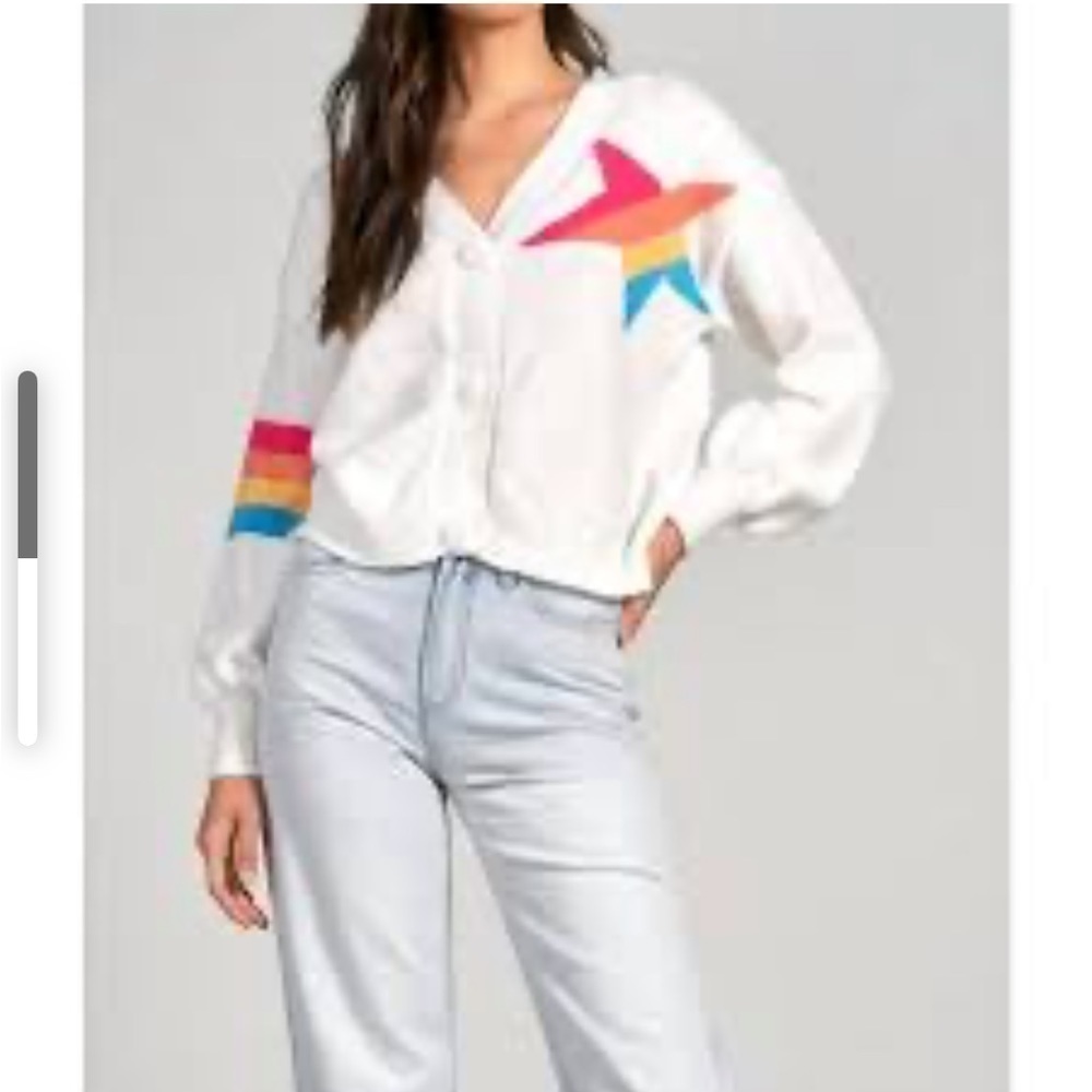 Elan International Star Cardigan White Rainbow Sweater Long Sleeve Sz XS